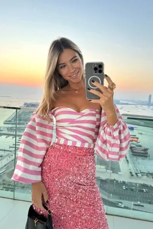 Кроп-топ бюстье с пышным рукавом в полоску 