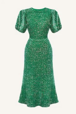 Платье-миди с пышным рукавом из бархата с пайетками