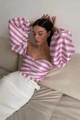 Кроп-топ бюстье с пышным рукавом в полоску 