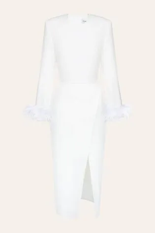 Платье с юбкой на запах и перьями на рукавах