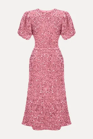 Платье-миди с пышным рукавом из бархата с пайетками