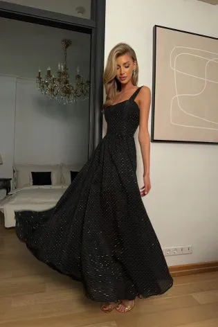 Платье-миди с фигурным вырезом из ткани со стразами