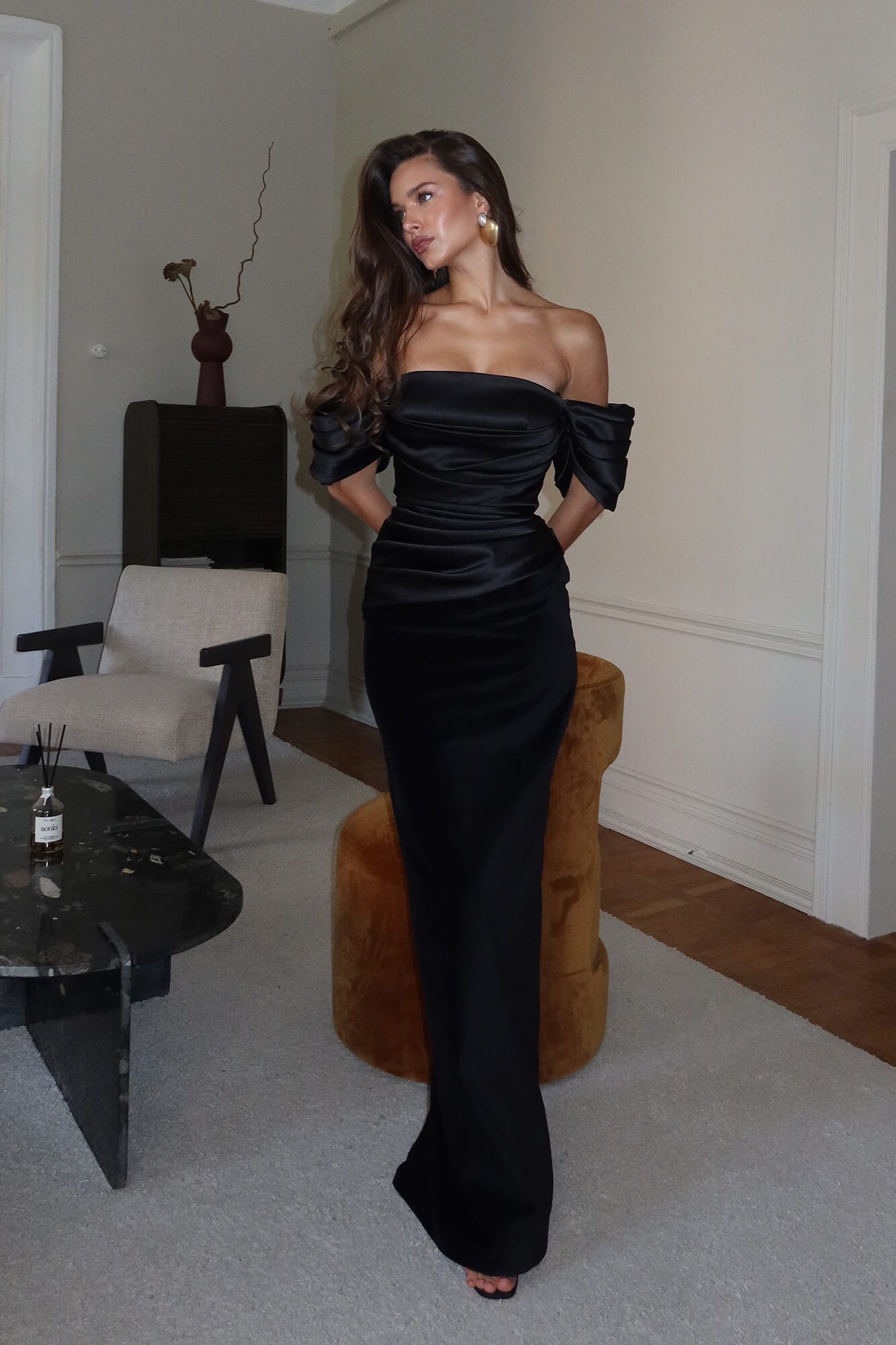 

Платье макси с драпировкой на лифе и рукавах, Черный, Платье макси с драпировкой на лифе и рукавах