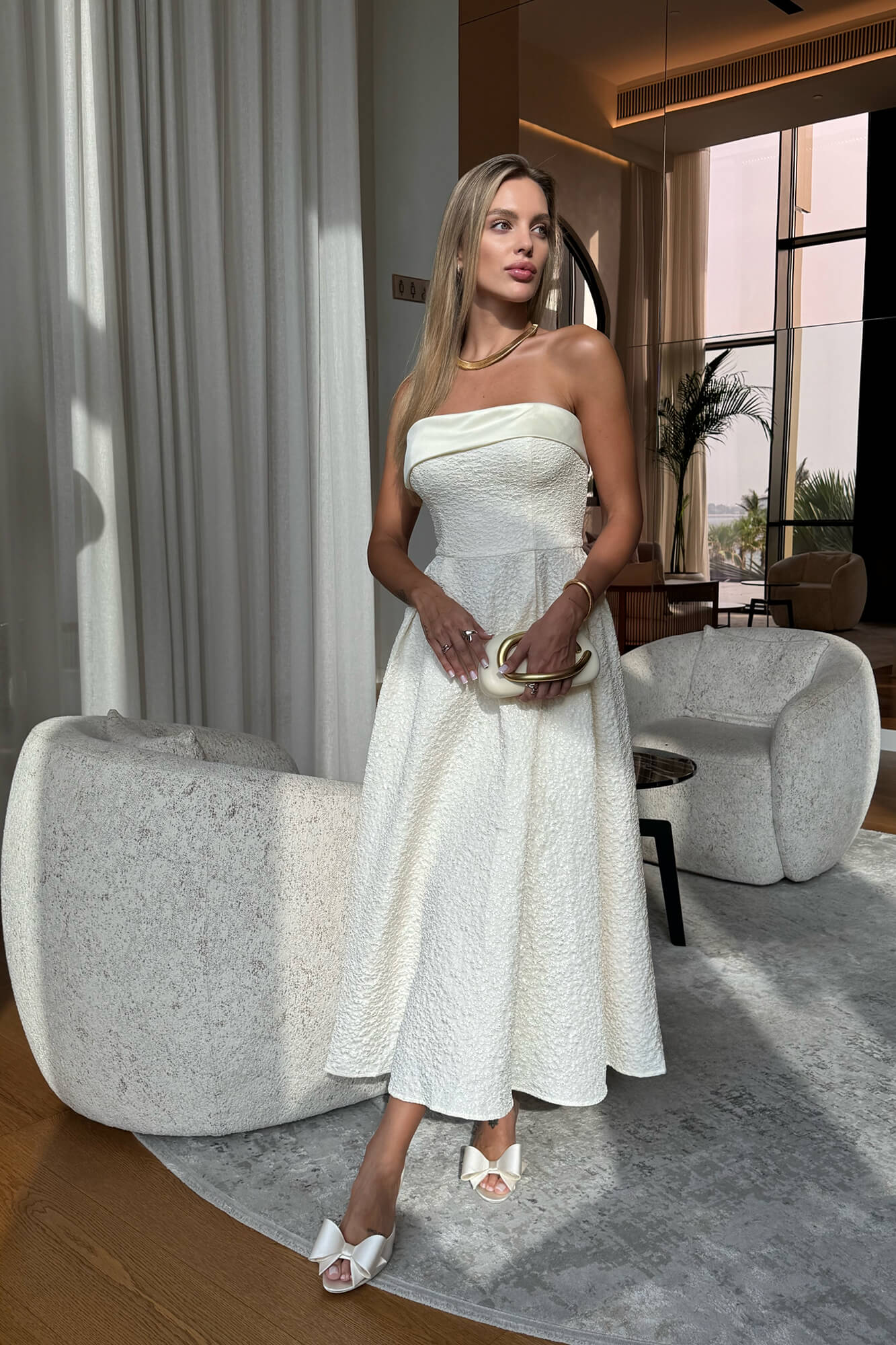 

Платье-миди из жаккарда с атласным отворотом, Экрю, Платье-миди из жаккарда с атласным отворотом