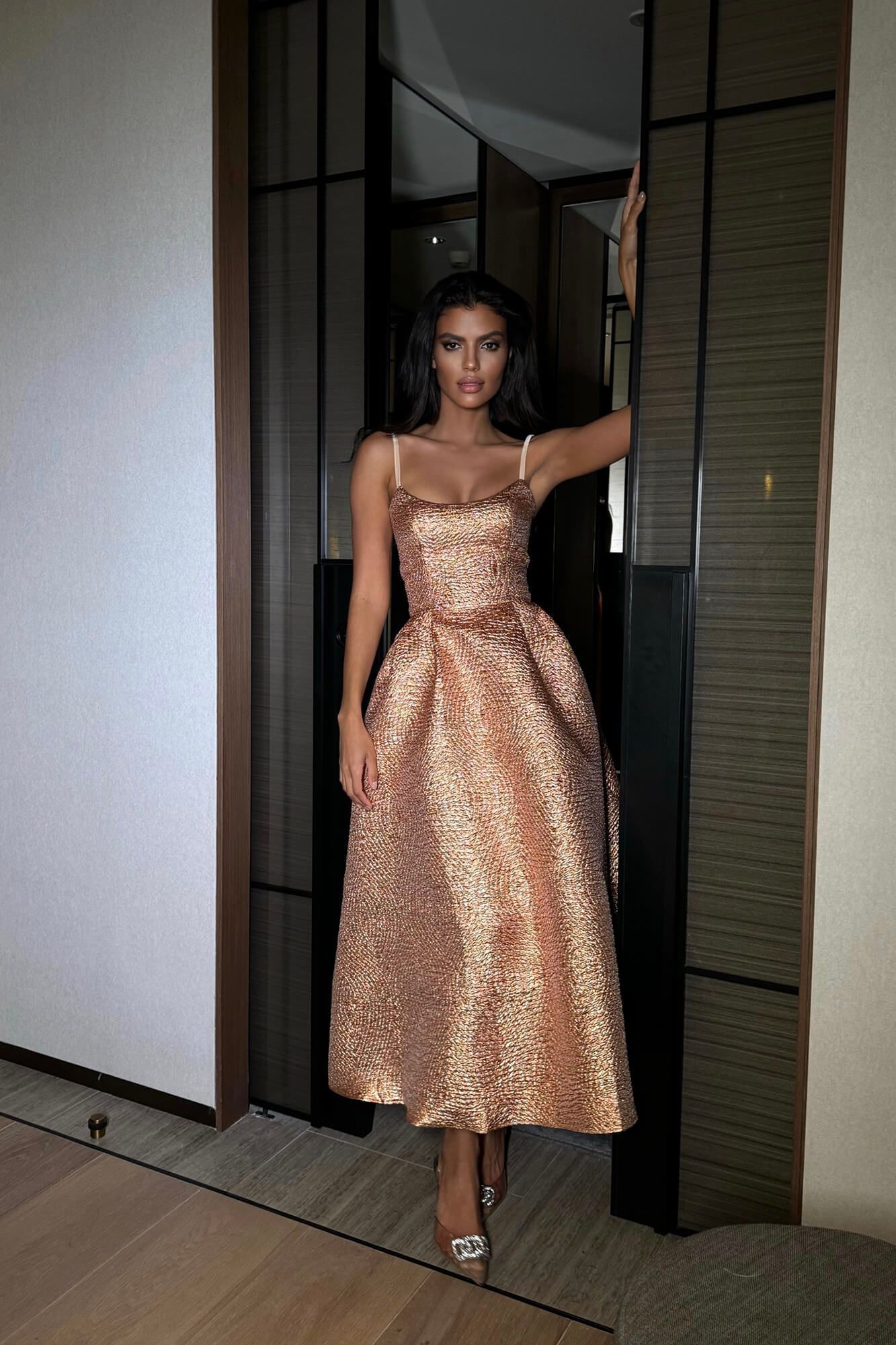 

Платье-бюстье на фигурном корсете из жаккарда, Медь, Платье-бюстье на фигурном корсете из жаккарда