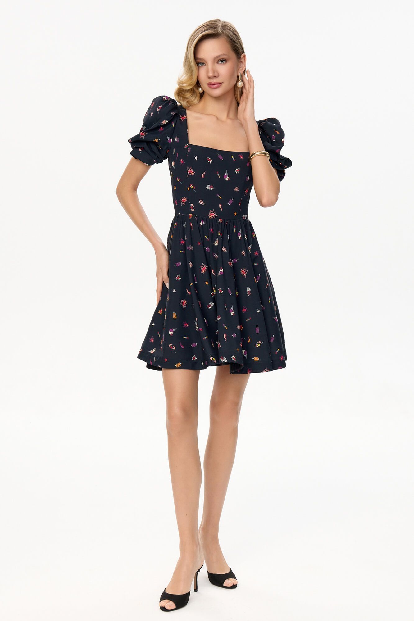 

Платье-мини с квадратным вырезом и объемным рукавом, Темно-синий, Платье-мини с квадратным вырезом и объемным рукавом