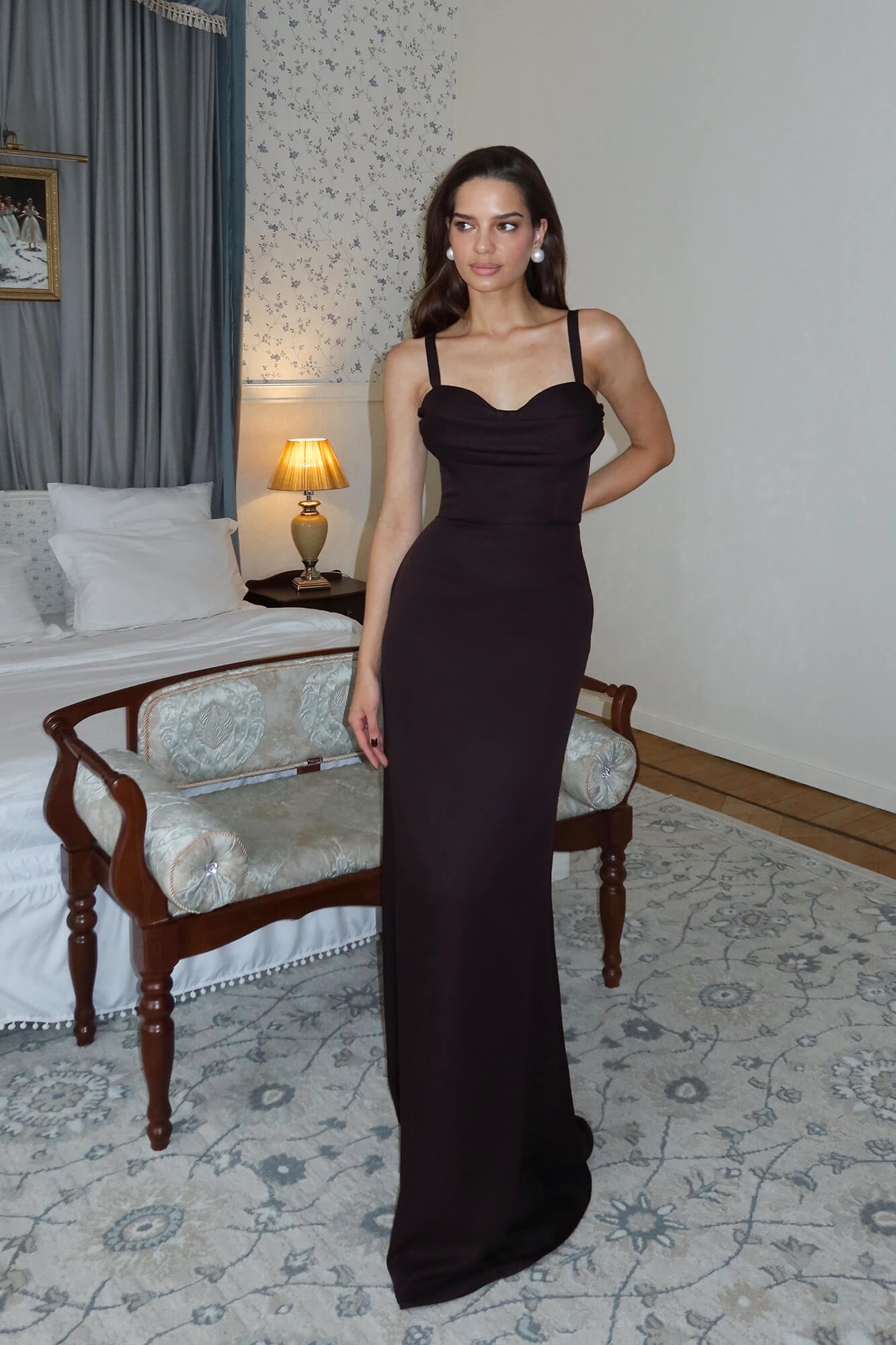 

Платье - макси со сборкой на лифе, Шоколад, Платье - макси со сборкой на лифе