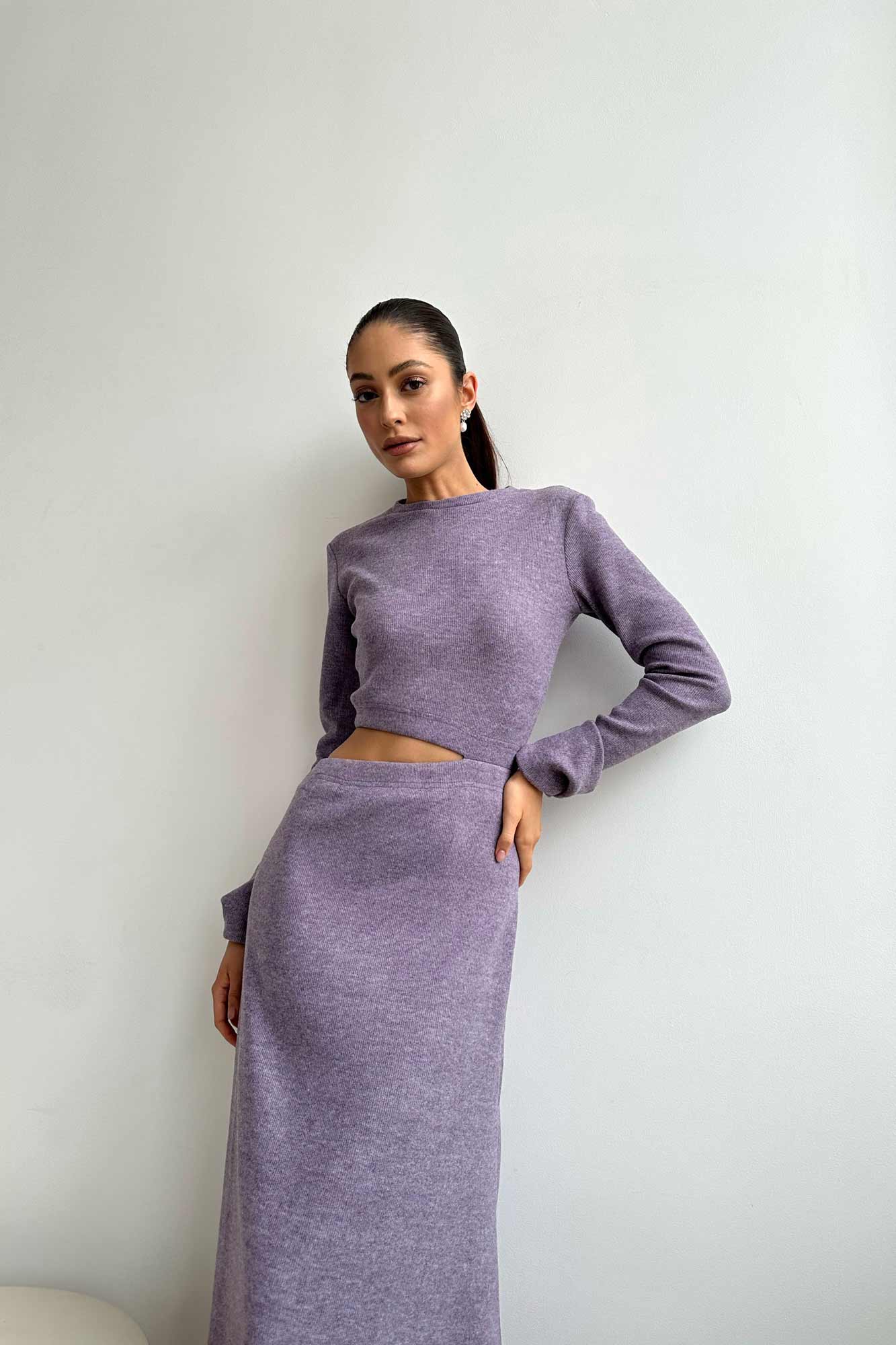 

Платье-миди из трикотажа с фигурным вырезом на талии, Фиолетовый, Платье-миди из трикотажа с фигурным вырезом на талии