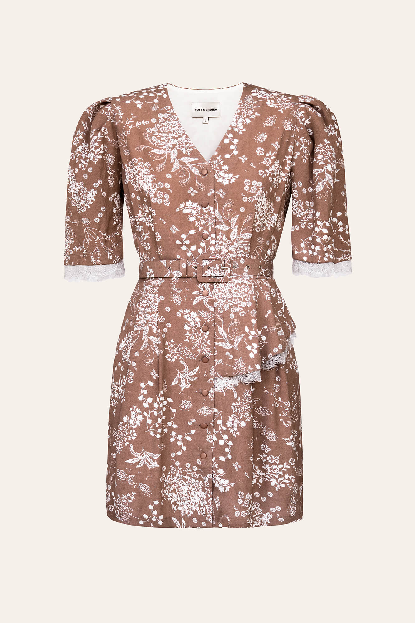 

Платье-мини на пуговицах с кружевной отделкой и ремнем, Бежевый, Платье-мини на пуговицах с кружевной отделкой и ремнем