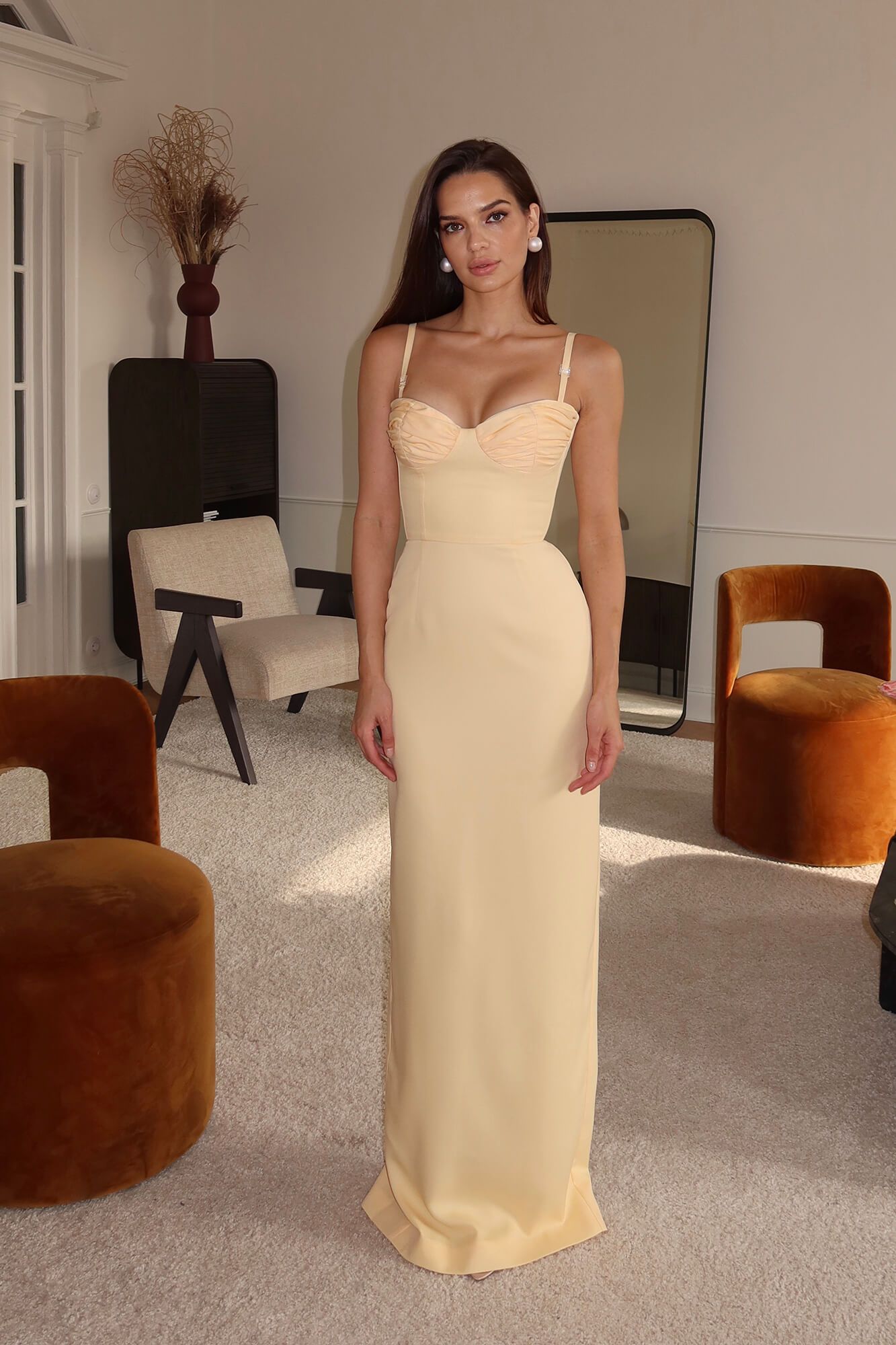 

Платье- макси со складками на чашках, Желтый, Платье- макси со складками на чашках