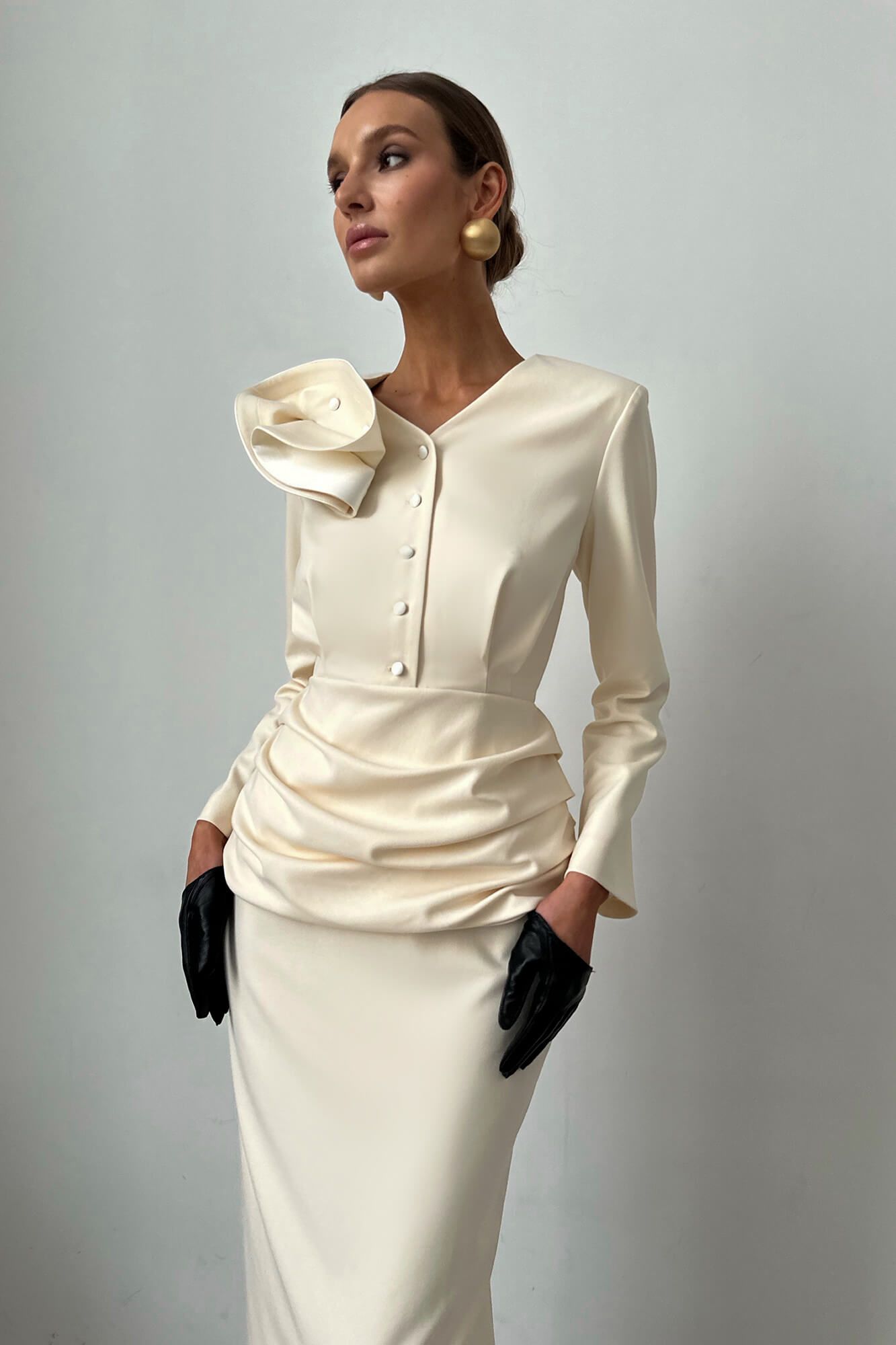 

Топ с длинным рукавом и декором из атласа, Айвори, Топ с длинным рукавом и декором из атласа