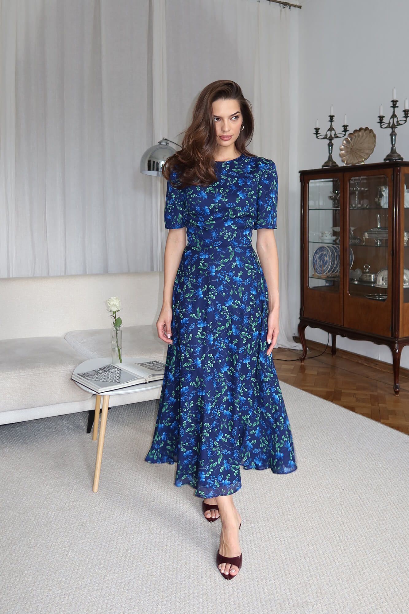 

Платье-миди с юбкой-солнце и коротким рукавом, Синий, Платье-миди с юбкой-солнце и коротким рукавом