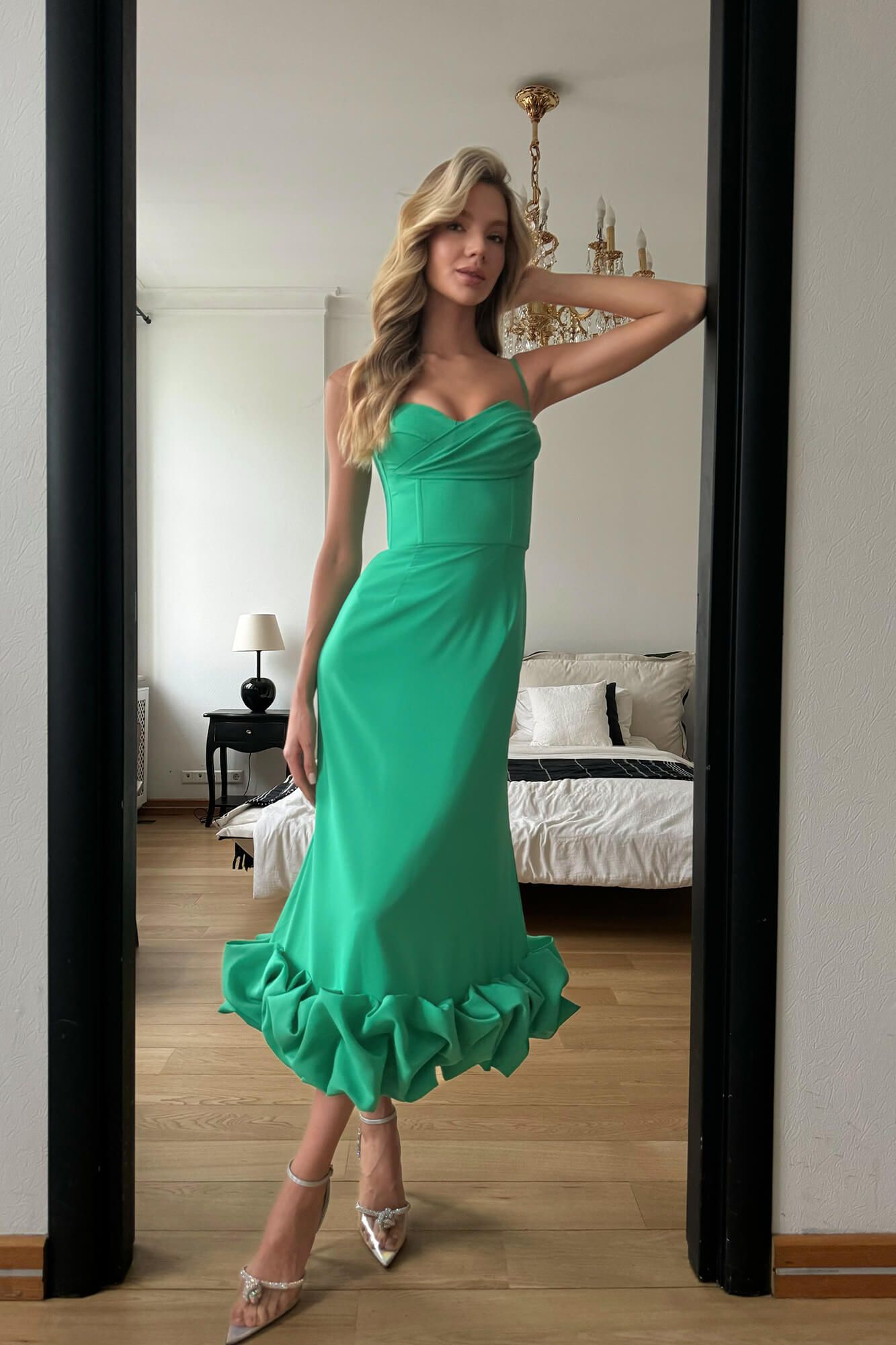 

Платье-бюстье с драпировкой на груди и сборкой по низу, Изумруд, Платье-бюстье с драпировкой на груди и сборкой по низу