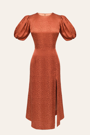 Платье-миди из вискозы с пышным рукавом и разрезом