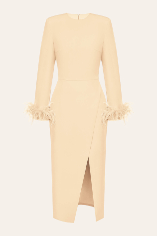 Платье с юбкой на запах и перьями на рукавах