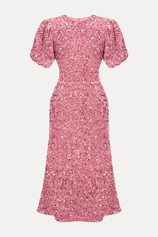 Платье-миди с пышным рукавом из бархата с пайетками