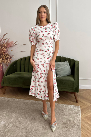 Платье-миди из вискозы с пышным рукавом и разрезом