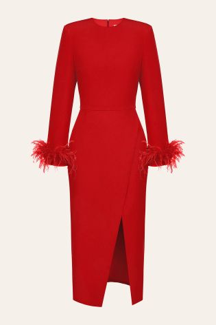 Платье с юбкой на запах и перьями на рукавах