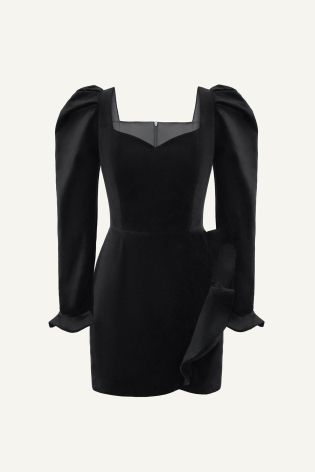 Платье-мини из бархата с воланом и длинным рукавом