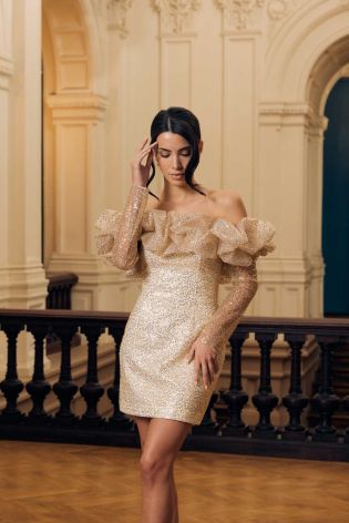 Платье-мини с длинным рукавом и сборкой "безе"