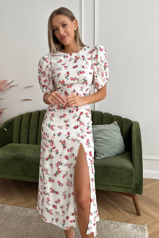 Платье-миди из вискозы с пышным рукавом и разрезом